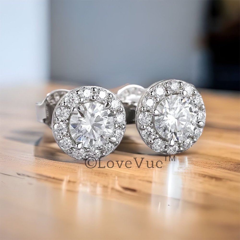 Certified 1ct. t.w. Diamond Round Halo Brilliant Cut Stud Earrings - Picture 1 of 16